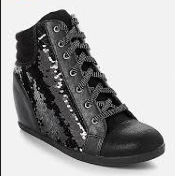black sequin wedge sneakers
